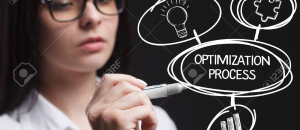 The concept of business, technology, the Internet and the network. A young entrepreneur working on a virtual screen of the future and sees the inscription: Optimization process